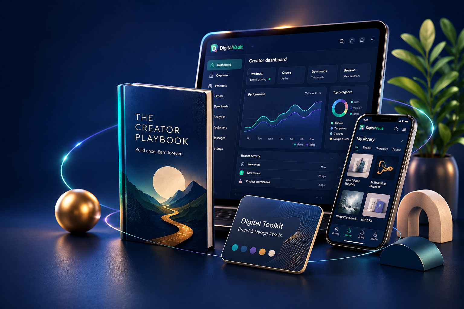 Premium 3D showcase of the DigitalVault creator dashboard, Creator Playbook, My Library mobile app, and Digital Toolkit floating in a navy scene