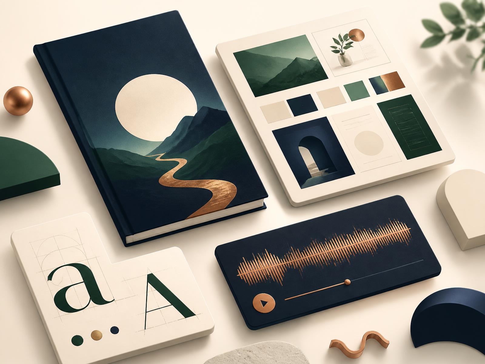 A collection of digital products including an ebook, template grid, audio file and font specimen